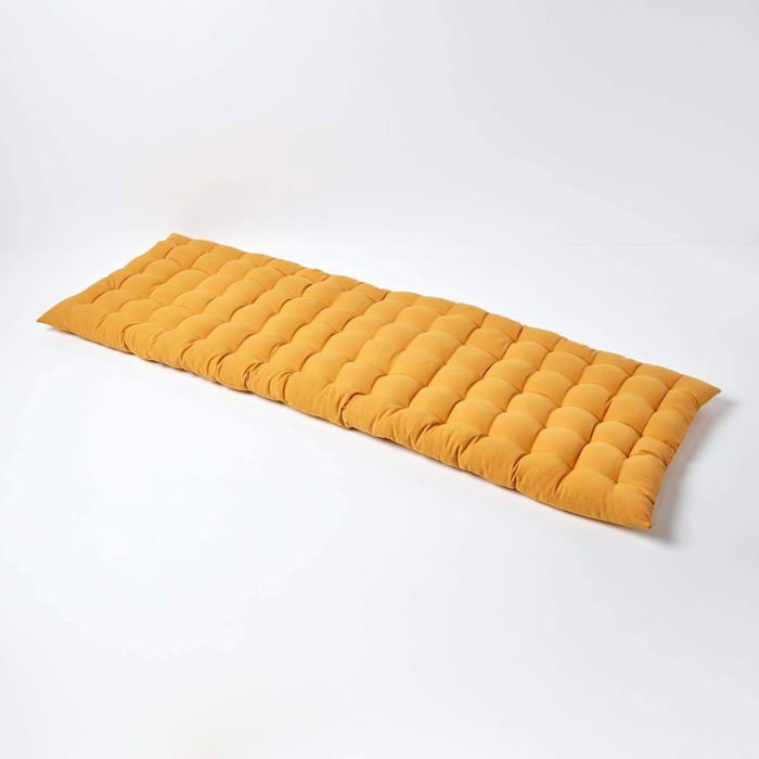 Coussin pour banc de jardin - HOMESCAPES – Jaune moutarde – 143 x 48 x 5 cm – Matelas de sol – Coton et polyester – Extérieur Coussin pour banc de jardin - HOMESCAPES – Jaune moutarde – 143 x 48 x 5 cm – Matelas de sol – Coton et polyester – Extérieur