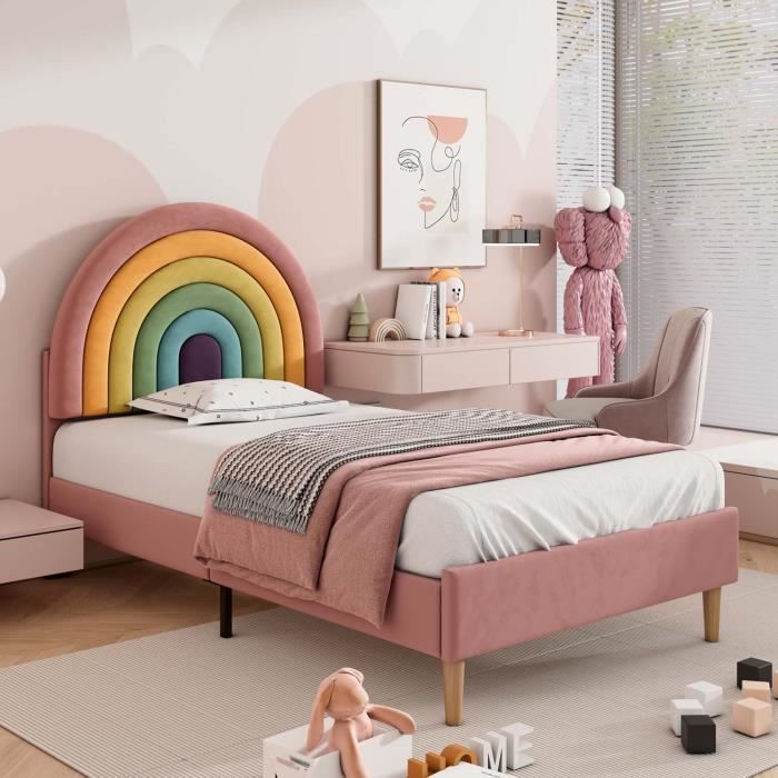Lit enfant 90x200 cm en forme de l’arc-en-ciel sommier à lattes tête de lit réglable tissu en velours rose