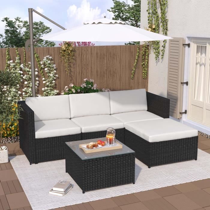 Salon de jardin lounge Canapé d'angle extérieur 4 places avec table basse en résine tressée, noir