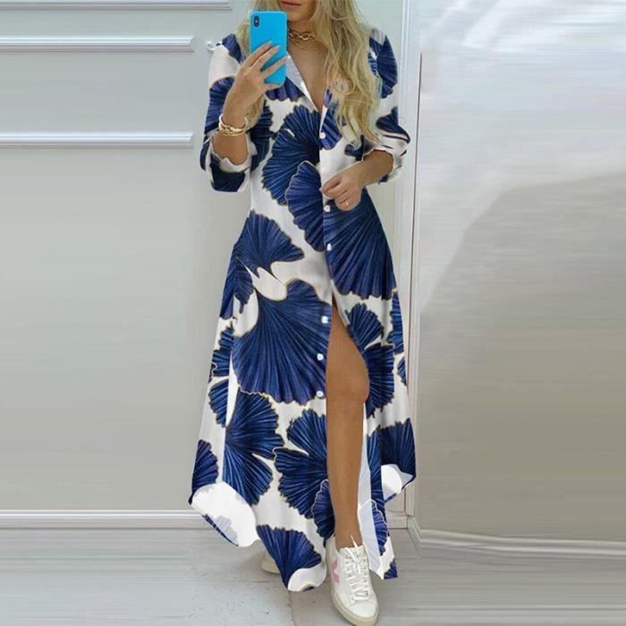 Robe Femme Imprimée Fleurs - Manches Longues Col Rabattu - Taille L - Polyester Léger