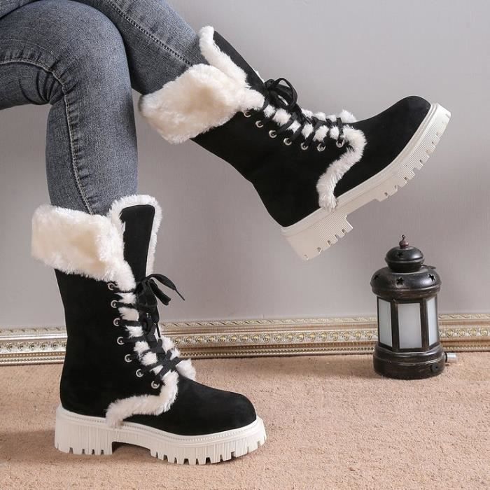Bottes de neige à plateforme pour femme fausse fourrure mode décontractée  hiver Noir