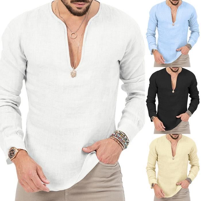 T-Shirt Décontracté Homme Col V Coton Uni - Respirant Et Confortable
