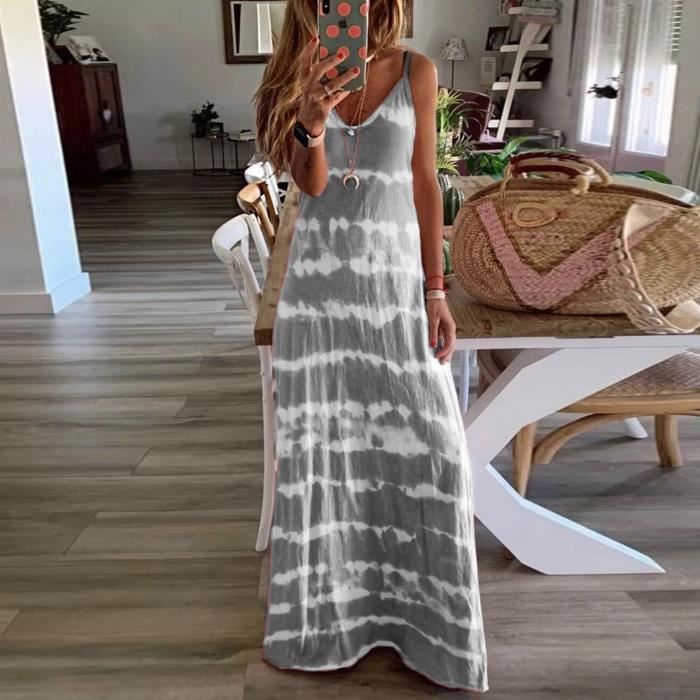 Robe Maxi Bohème Décontractée À Rayures Col Rond Sans Manches Dégradé