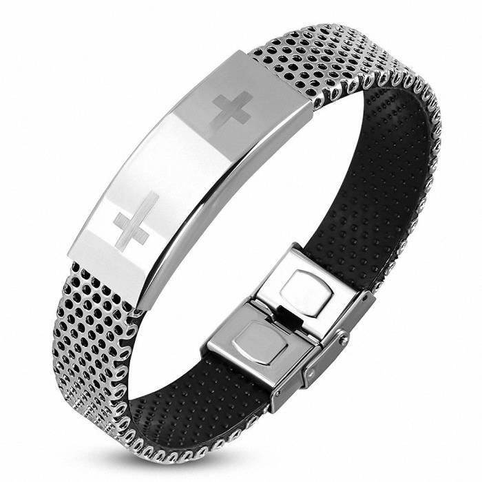 Bracelet Homme Acier Et Caoutchouc Noir Avec Plaque D’identité – Neuf Avec étiquettes, Longueur 22 Cm