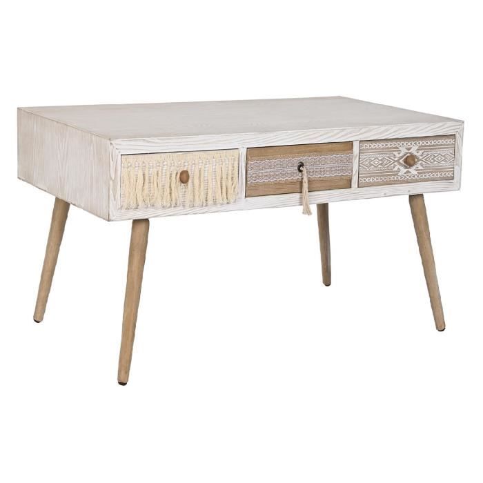 table basse en bois de sapin-coton coloris blanc-naturel - longueur 110 x profondeur 60 x hauteur 50 cm