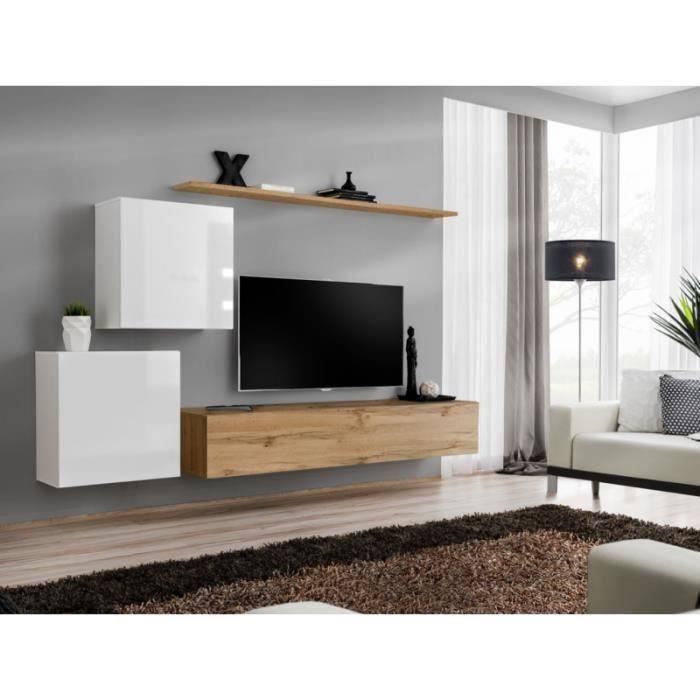 meuble tv mural - price factory - switch v - chêne wotan et blanc brillant - 3 portes - 180x30x40 cm