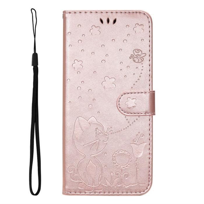 Coque Magnétique Flip IPhone 15 - Étui Portefeuille Rose Motif Chat & Fleurs - Marque Odeydo - Anti-choc Et Chargement Sans Fil