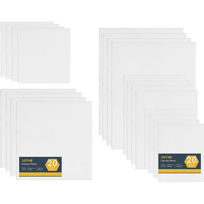Artme Paneles de Lienzos 20pk - 15x20,20x20,30x30,24x30,30x40cm Tamaños surtidos / 280GSM / 100% Algodón/Blanco/Triple imprimado/Sin ácido/Grano medio / 0.3cm - Acrílico/Aceite