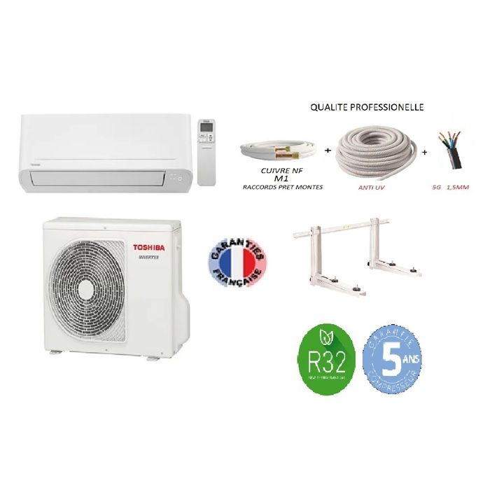Pack Climatiseur réversible Mono split TOSHIBA NAKA 1 5 KW 15m2 + kit 12 mètres de pose complet