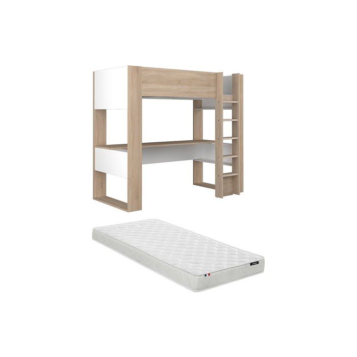 Lit mezzanine avec bureau et rangements intégrés - 90 x 200 cm - Chêne et blanc + matelas - NOAH II