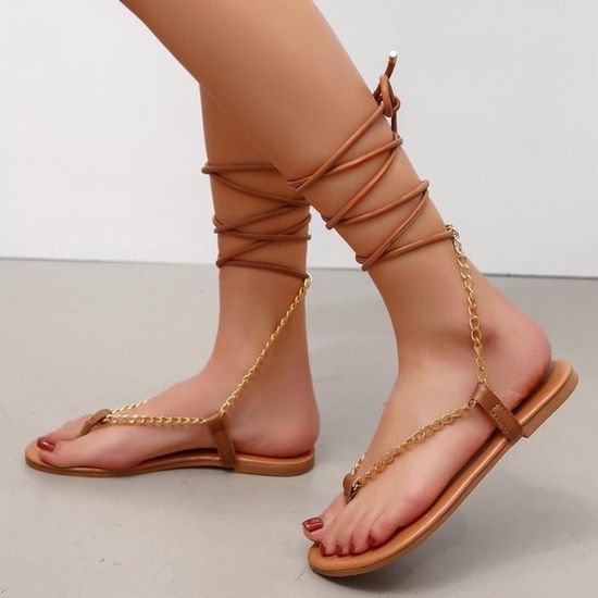 Lukcolor Sandale Nu Pieds Femmes Chaussures Sexy Chaine En Metal Avec Fines Bretelles Boucles De Cheville Sandales Plates Kaki Kaki Cdiscount Chaussures