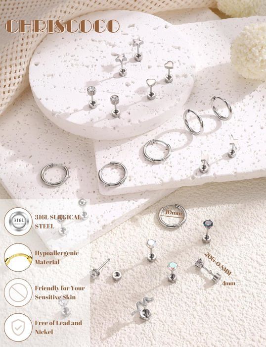 JeweBella 25Pcs Lot Boucles D'Oreilles Hypoallergéniques Acier Inoxydable - Créoles Piercing Oreille Cartilage