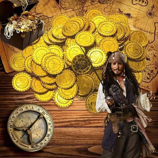v2croft Lot de 100 pièces de monnaie de pirate en métal doré, réplique de doubloons espagnols en métal pour jeux de société, costumade pour enfants, fête de pirate, coffre au trésor (3,9