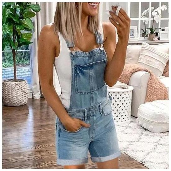 Femme Jeans Salopette Ete Combinaison en Jean Sexy Casual Denim Lache Jumpsuit Combishort Barboteuses Pantalon Court Bleu fonce Bleu fonce Cdiscount Pret a Porter
