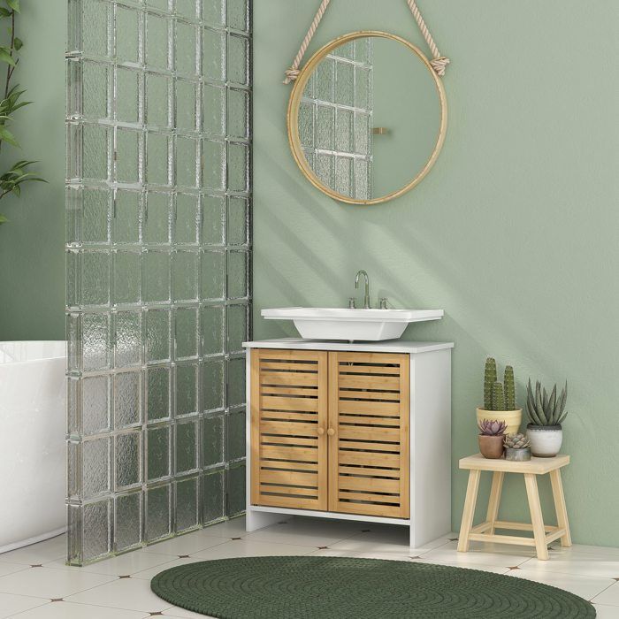 HOMCOM Meuble Sous-Vasque Salle De Bain Blanc – 60 X 30 X 60 Cm – 2 Portes, Étagère Réglable, Découpe U Pour Tuyaux – Design Moderne Compact