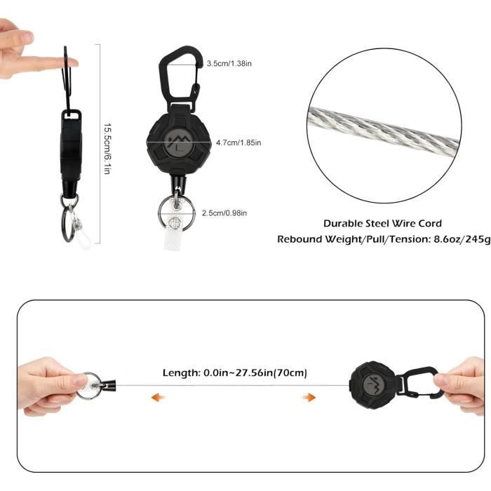 Porte-Clés Rétractable Double – Enrouleur à Cordon D'Acier 70 Cm Avec Mousqueton, Pour Badge, Clés, Cartes – Résistance 245 G