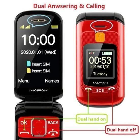 Téléphone Senior Clapet Double SIM - Grandes Touches - Écran 2.1" - Rouge - Débloqué 2G - MAFAM