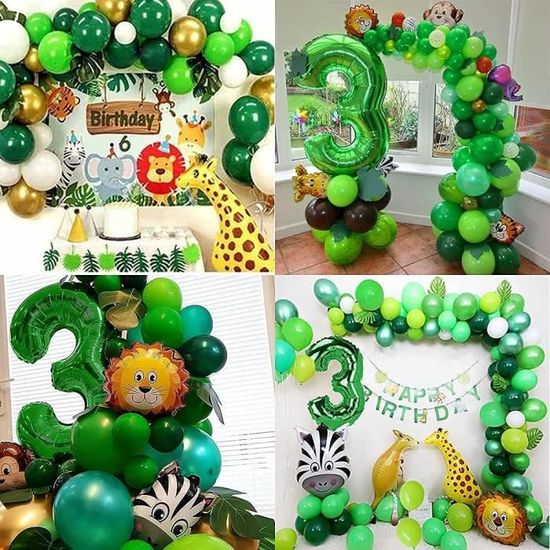 Ensemble de thème animal de 3e anniversaire, décoration d'anniversaire pour  enfants de 3 ans, ballons géants en aluminium vert numéro 3, pour garçons  filles Fête de safari de la maternelle Déc