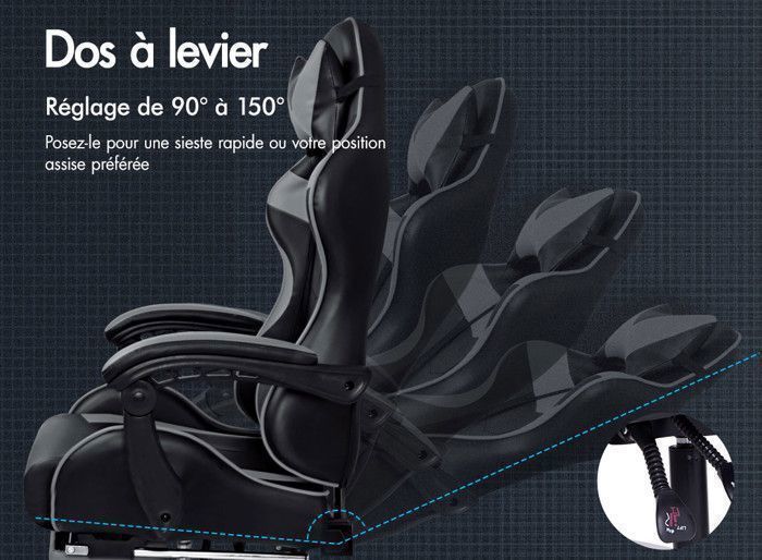 Chaise Gaming Avec LED Et Massage - Chaise Ergonomique Grise Tissu, Inclinable 90-150° Chaise De Jeu Course Ergonomique