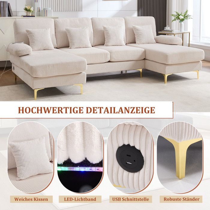 Canapé 4 Places Avec éclairage LED Et Port USB-C,canapé D'angle En L