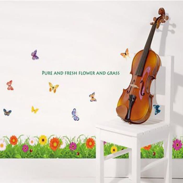 Stickers Muraux Herbe Verte & Fleurs – Coin Plinthe Papillons – Déco Chambre Enfant Fille & Salon
