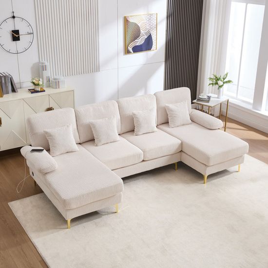 Canapé D'angle Modulable Avec éclairage Led Et Port Usb-c - 4 Places   Style Moderne   4 Coussins Inclus   Velours   Emeraude