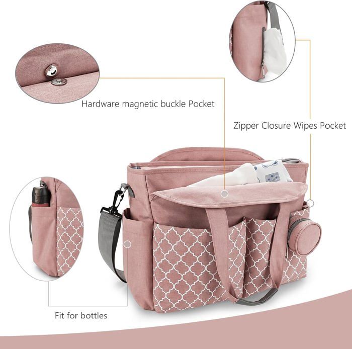 Organisateur De Sac à Langer Portable Pour Bébé - Peluche Sherpa, Double Velcro, Compartiments, Rose