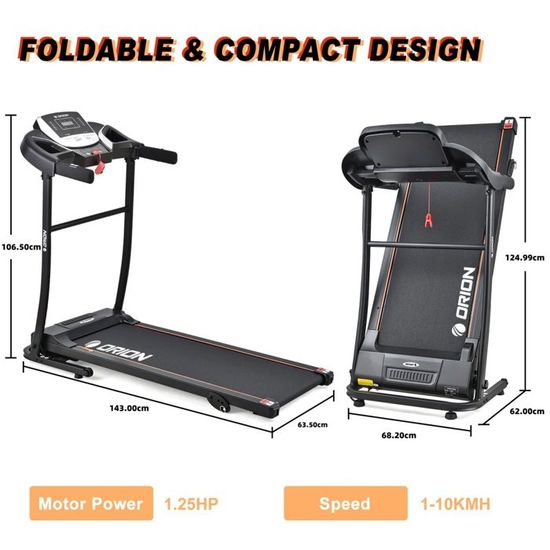 Orion Genius G3 Tapis Roulant électrique Pliable Ultra Fin, Compact, Sans Installation Avec Télécommande, Bluetooth App FitShow/Kinomap, Ordinateur LED, Vitesse Maximale 18 Km/h 1 HP (2 HP Pico