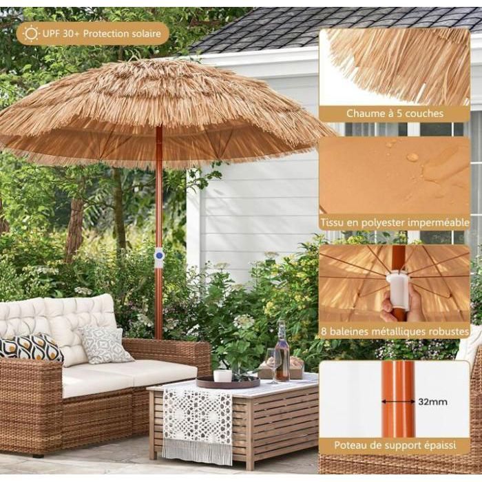 Parasol De Plage Inclinable Effet Paille 155 CM, Parasol De Jardin Pliable Style Hawaien Portable Avec Sac De Rangement Marron 97076568