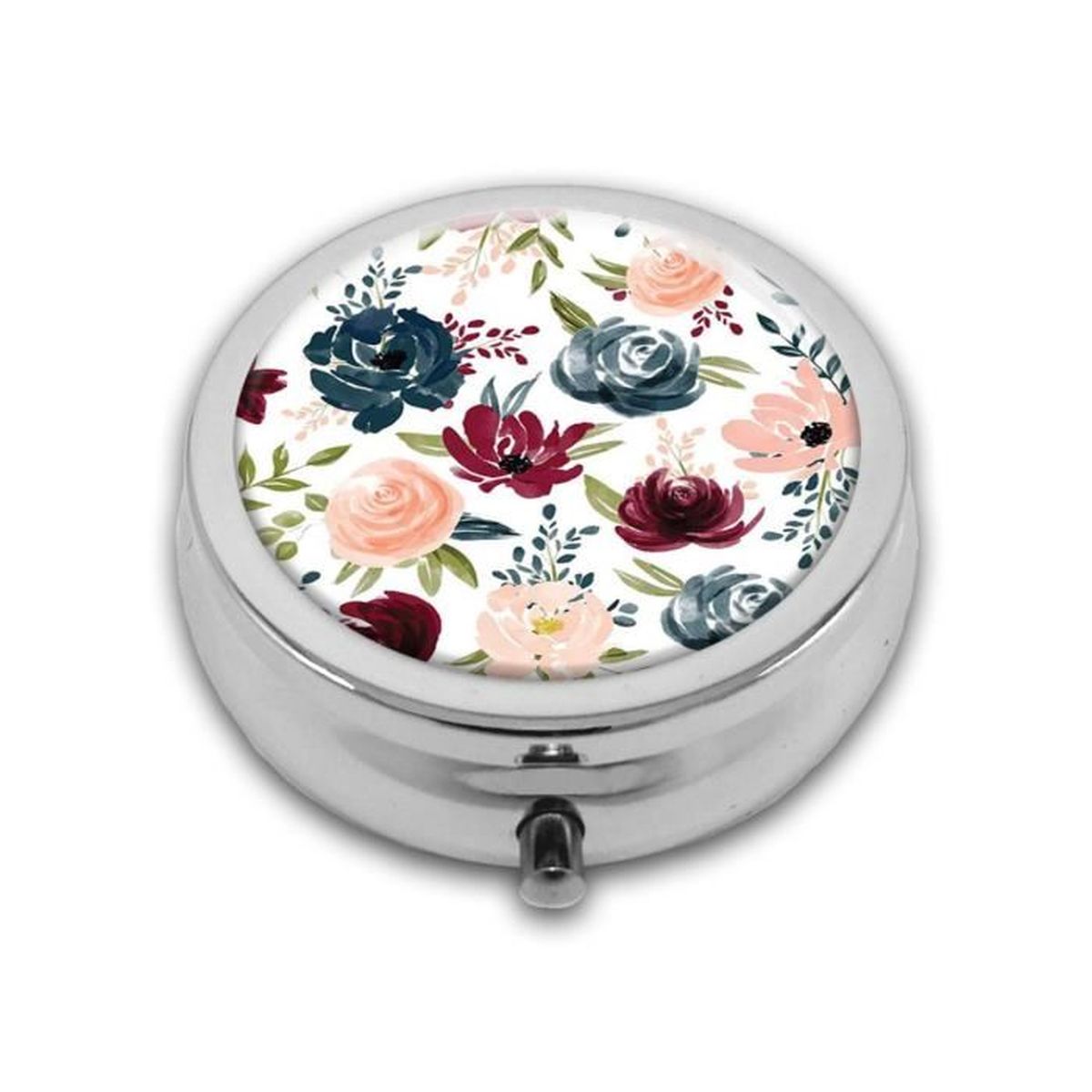 Boîte à Pilules Ou à Bijoux Ronde – Décor Floral & Cabochon Vert