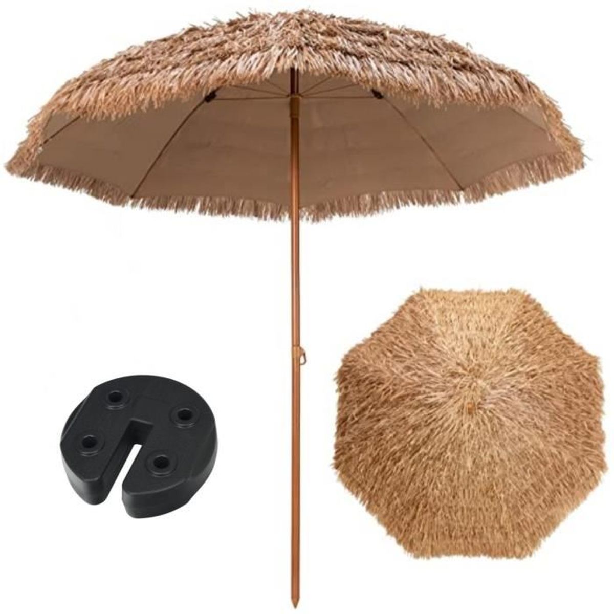 Parasol Hawaïen Pliable Raphia Et Polyester - Diamètre 1,6 M, Hauteur ~190 Cm - Pour Jardin, Terrasse, Plage - Marron