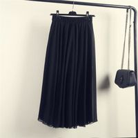 Jupe,Jupe longue en mousseline de soie, style bohémien, taille haute, couleur unie, trapèze, décontractée, plissée - Black[D3990]