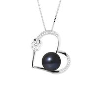 PERLINEA - Collier Love - Perle de Culture d'Eau Douce AAA+ - Bouton 9-10 mm - Noire - Argent 925 Millièmes - Bijoux Femme