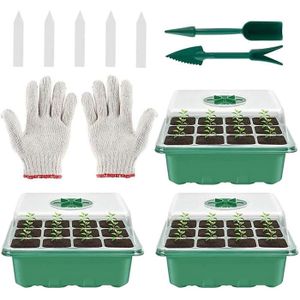 PACK GERMINATION Lot de 3 bacs à semis - Kit de germination de plantes réglable - Mini serre avec dôme et base - Kit d'outils à main A426
