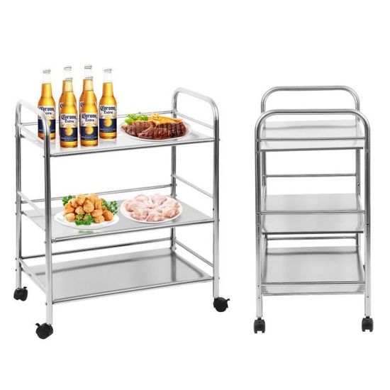 Chariot De Service 3 Plateaux En Inox - 61x36x75 Cm - 4 Roues Pivotantes Avec Frein - Pour Cuisine, Restaurant - 5