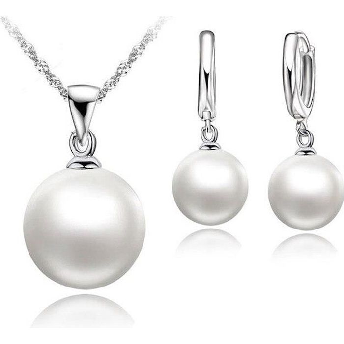 Parure Bijoux Perle Blanche Ronde Nacrée Argent 925