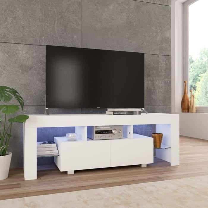 Elégant Meuble TV Design - Meuble de rangement Meuble de Télévision avec lumière LED Blanc brillant 130 x 35 x 45 cm ☺40868