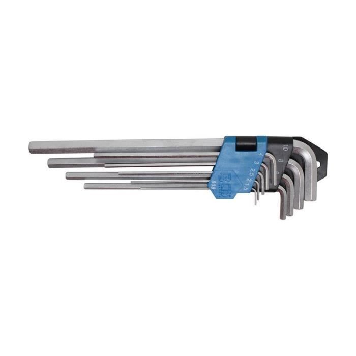 Jeu de clés coudées extra longues six pans intérieurs 1,5 - 10 mm, 9 pièces