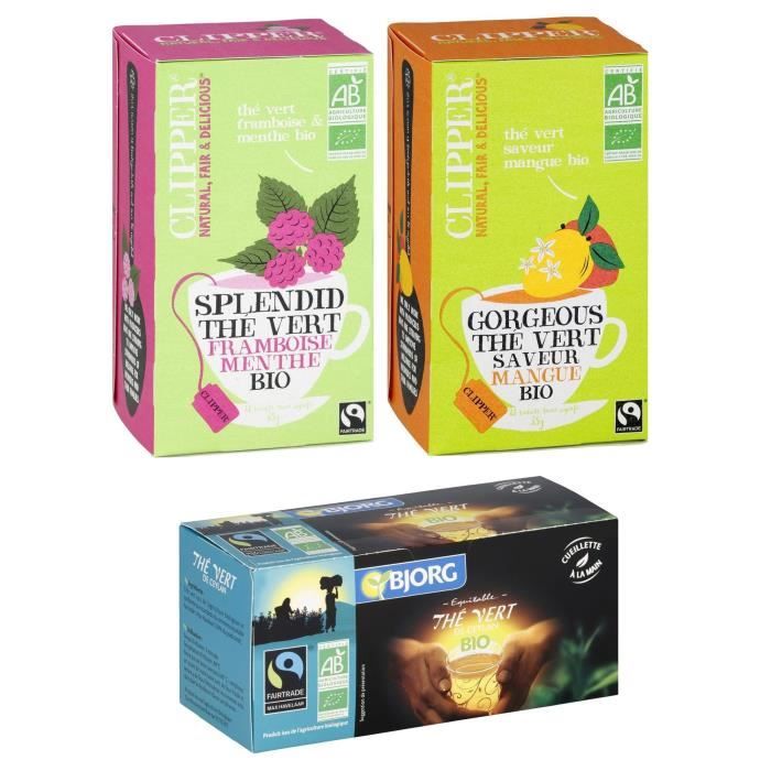 Lot de 3 - 1 CLIPPER Thé vert framboise menthé 35g + 1 CLIPPER Thé vert mangue 35g + 1 BJORG Thé vert 38g