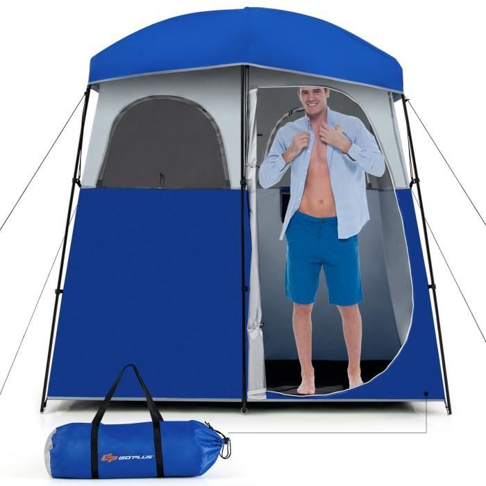 COSTWAY Tente de Douche Camping Portable Hauteur 2,22M 2 Personnes 2 Portes avec Fermetures à Glissière et 2 Grandes Fenêtres Bleu
