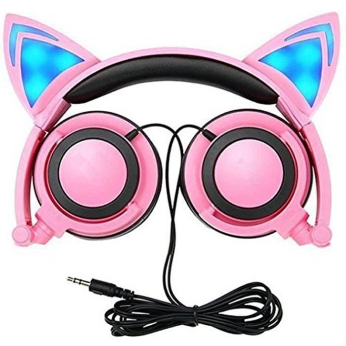 Casque audio enfant - Pliable Oreille de chat Écouteurs filaires avec micro et LED, Meilleur cadeau pour les enfants