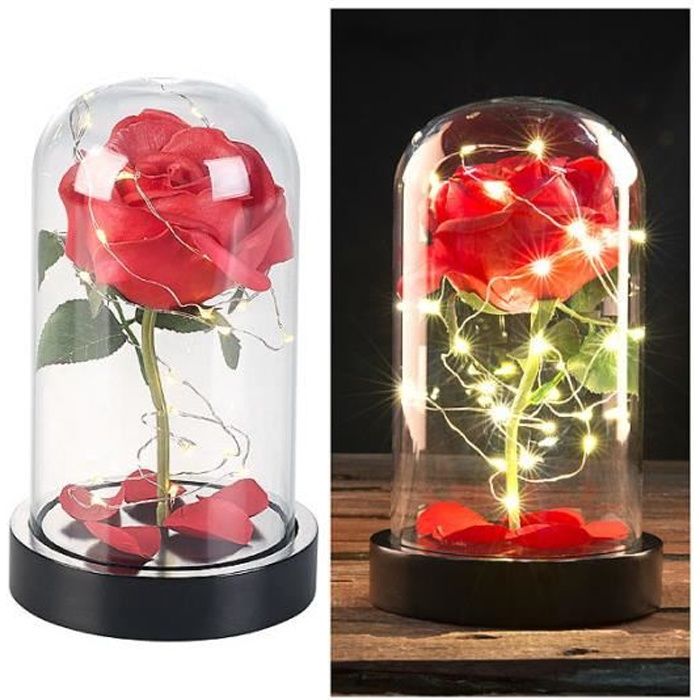 Rose artificielle avec cloche en verre et lumière LED - Rouge