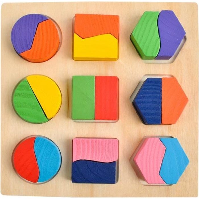MonMobilierDesign Puzzle 3D Montessori en bois, formes géométriques colorées