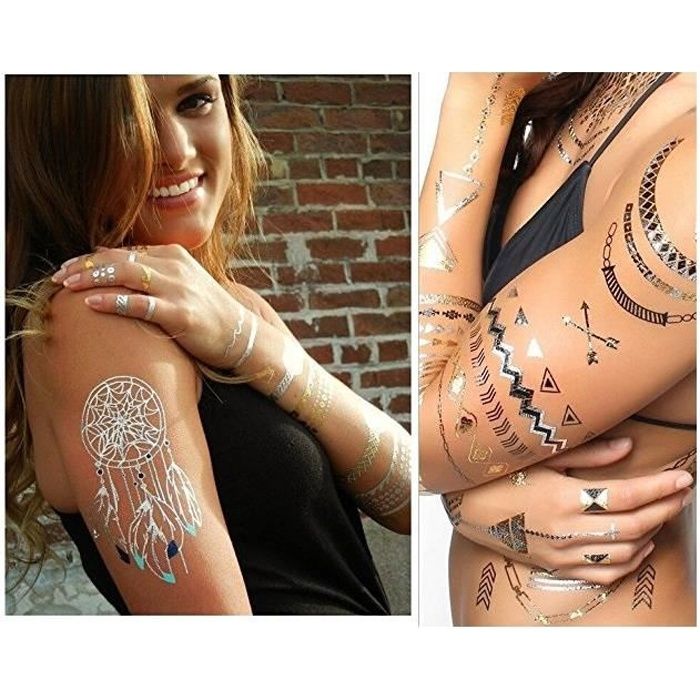 NOVAGO 8 Planches 21 x 10 cm de Tatouages éphémères métalliques brillants , nouveaux motifs variés (argenté et doré)