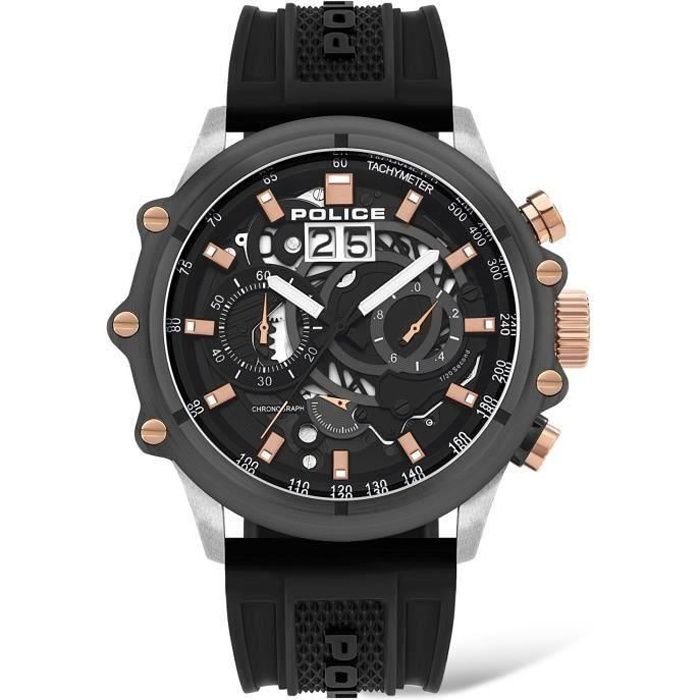 Montre homme POLICE WATCHES LUANG PL.16018JSTU13P. Sport. Date. Chronographe. 100. Noir. Argent. Rond. Quartz. Analogique. Silicone