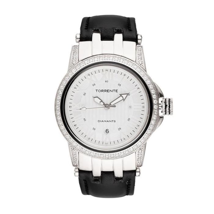 Torrente - Montre -Magnetic- Cadran Blanc - Boîtier Acier - Bracelet Cuir Noir - Diamants 0.01 carats Femme