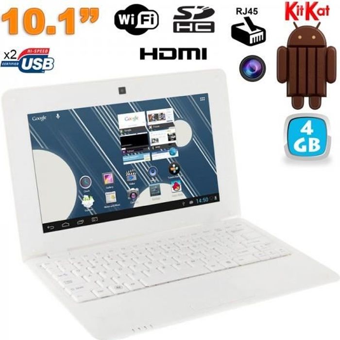 Mini PC Android netbook 10 pouces WiFi 4 Go Blanc