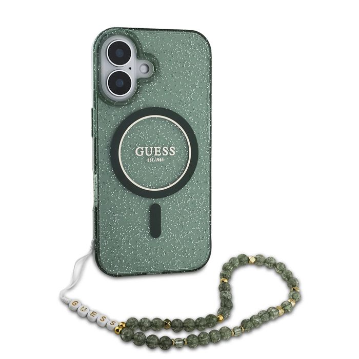 Coque Guess IML Glitter MagSafe avec dragonne de perles pour iPhone 16 Plus - Green