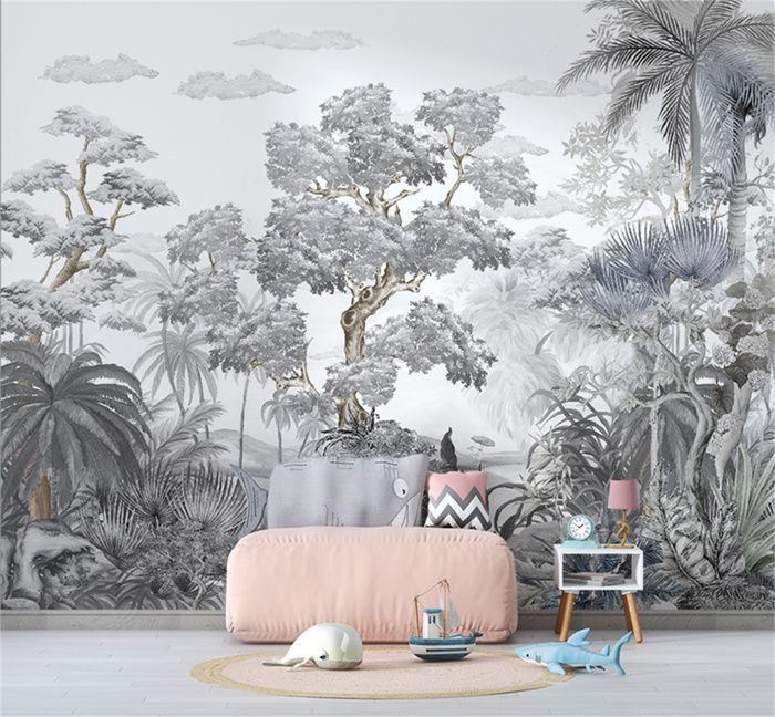Papier Peint Panoramique 3D noir et blanc arbre plante salon homewear ...