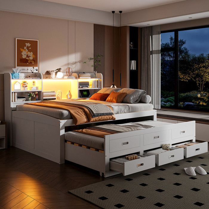 Canapé-Lit 140x200 cm avec Lit Gigogne Lit Double LED avec 3 Tiroirs Et Table de Chevet Lit 2 Personnes avec Port USB + C Blanc